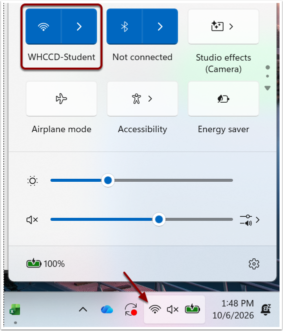 Screenshot showing a successful connection to the WHCCD-Student Wi-Fi network